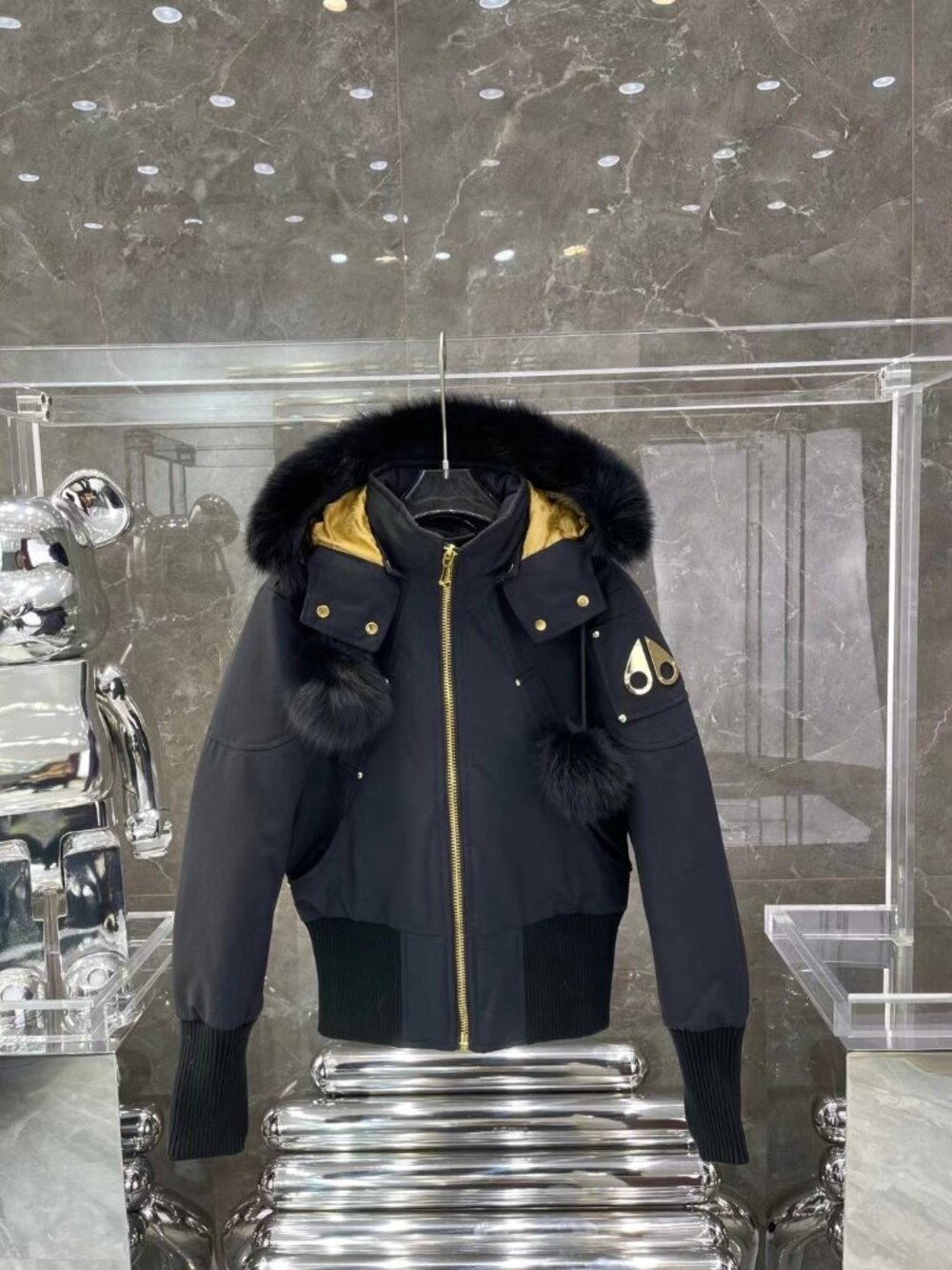 Moose Knuckles Black Cropped Bomber Parka